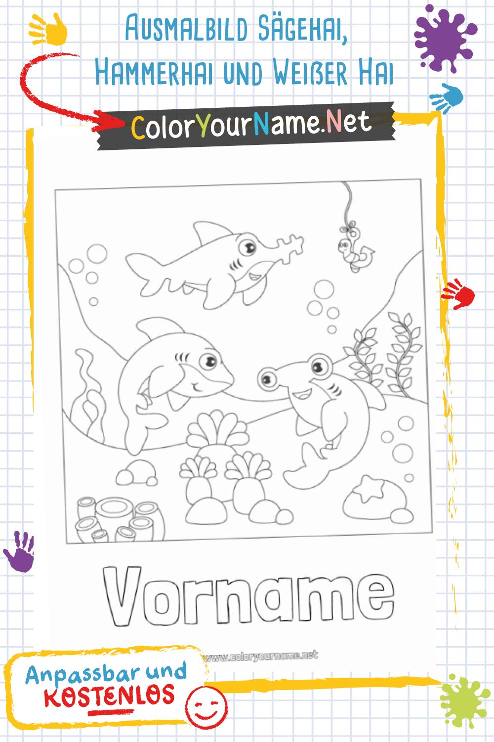 Ausmalbild Sägehai, Hammerhai und Weißer Hai
