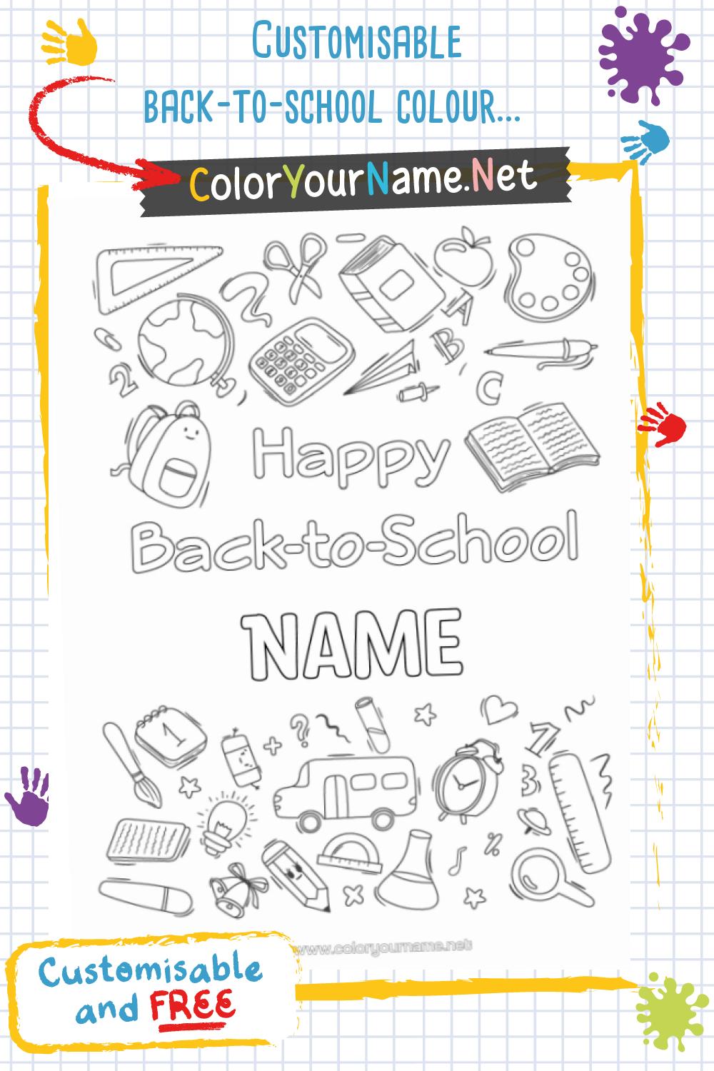 Customisable back-to-school colouring page.