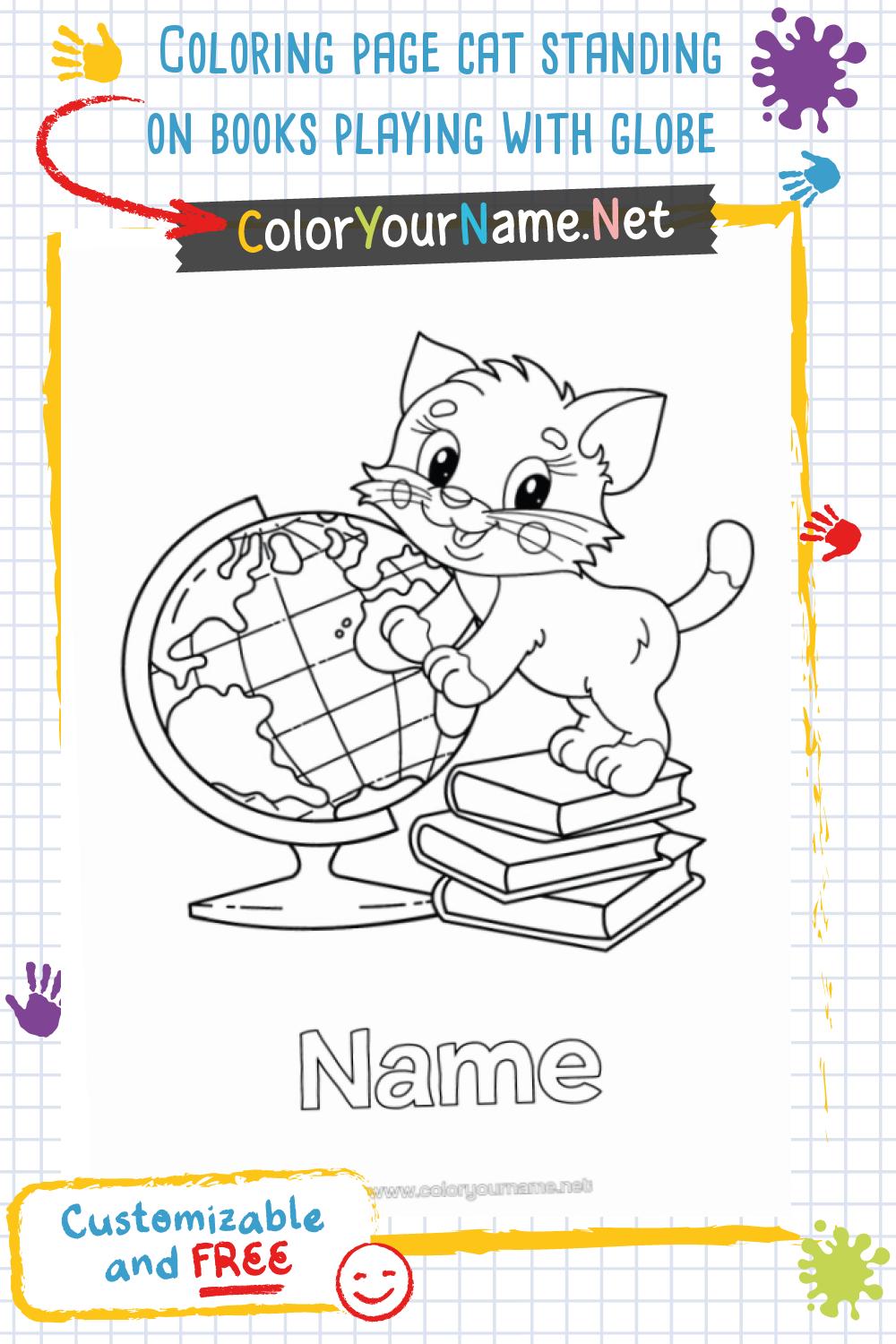 Coloring page cat standing on books playing with globe