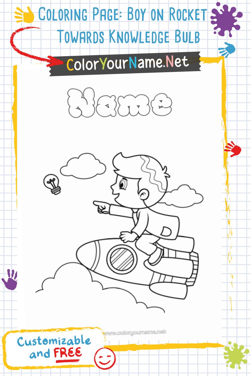 Coloring Page: Boy on Rocket Towards Knowledge Bulb