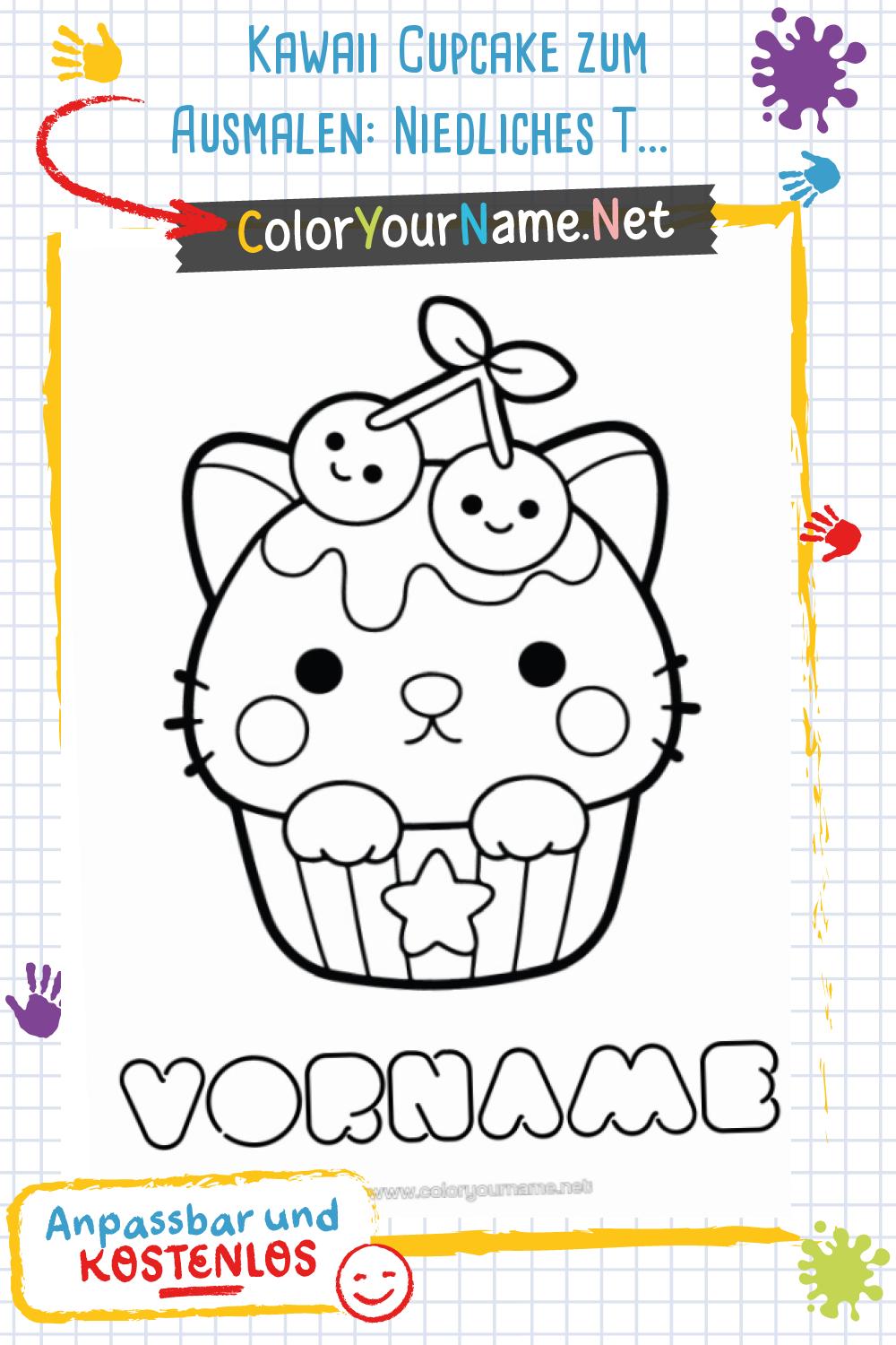 Kawaii Cupcake zum Ausmalen: Niedliches Tier und Lächelnde Kirsche