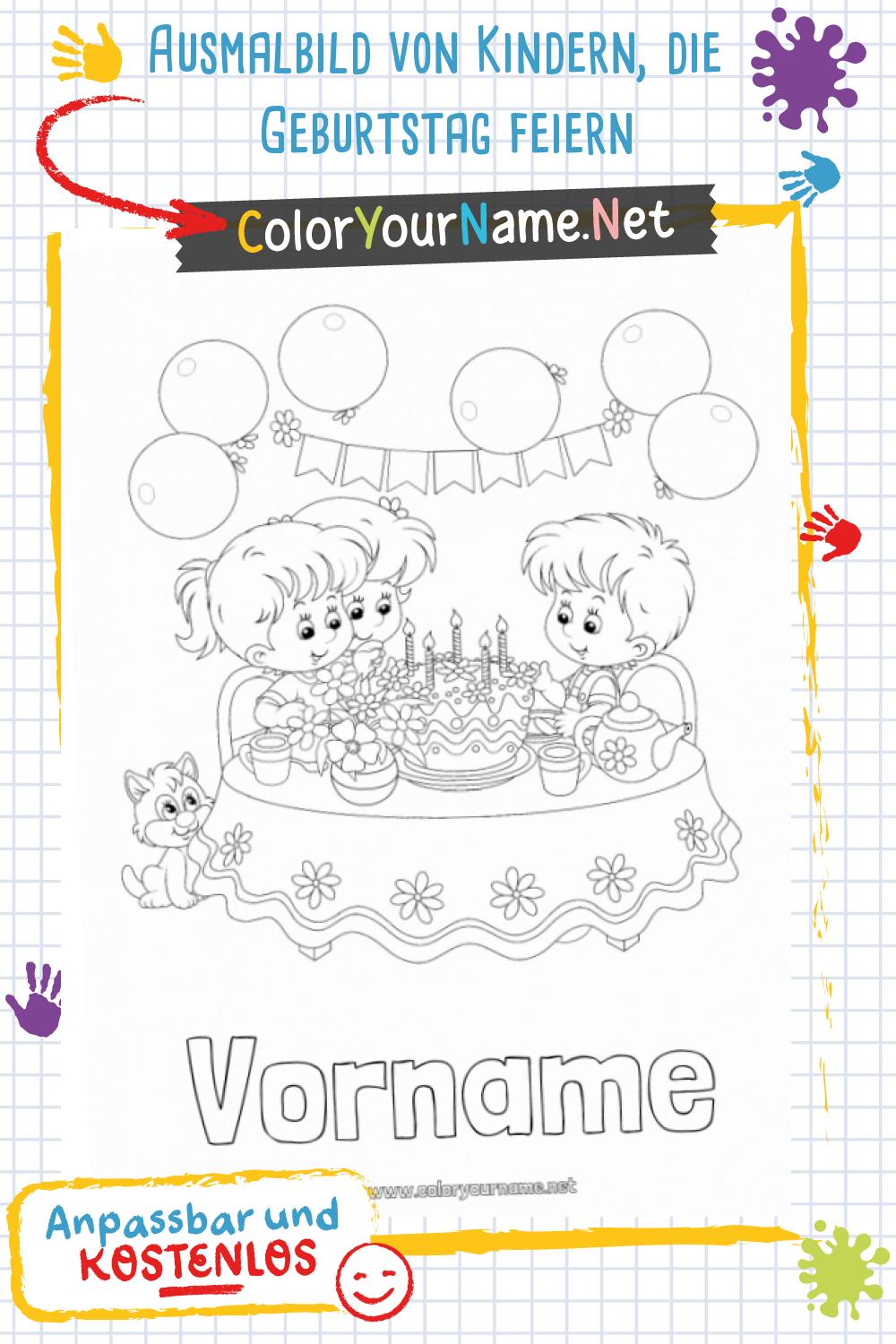  Ausmalbild von Kindern, die Geburtstag feiern Bildidee 