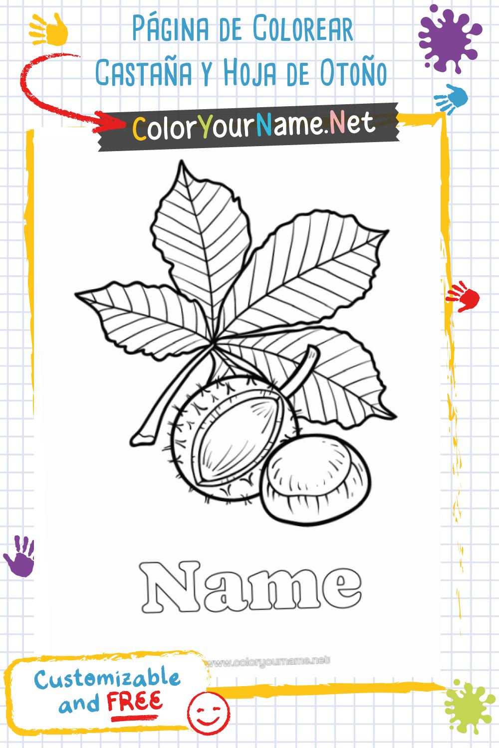 Página de Colorear Castaña y Hoja de Otoño