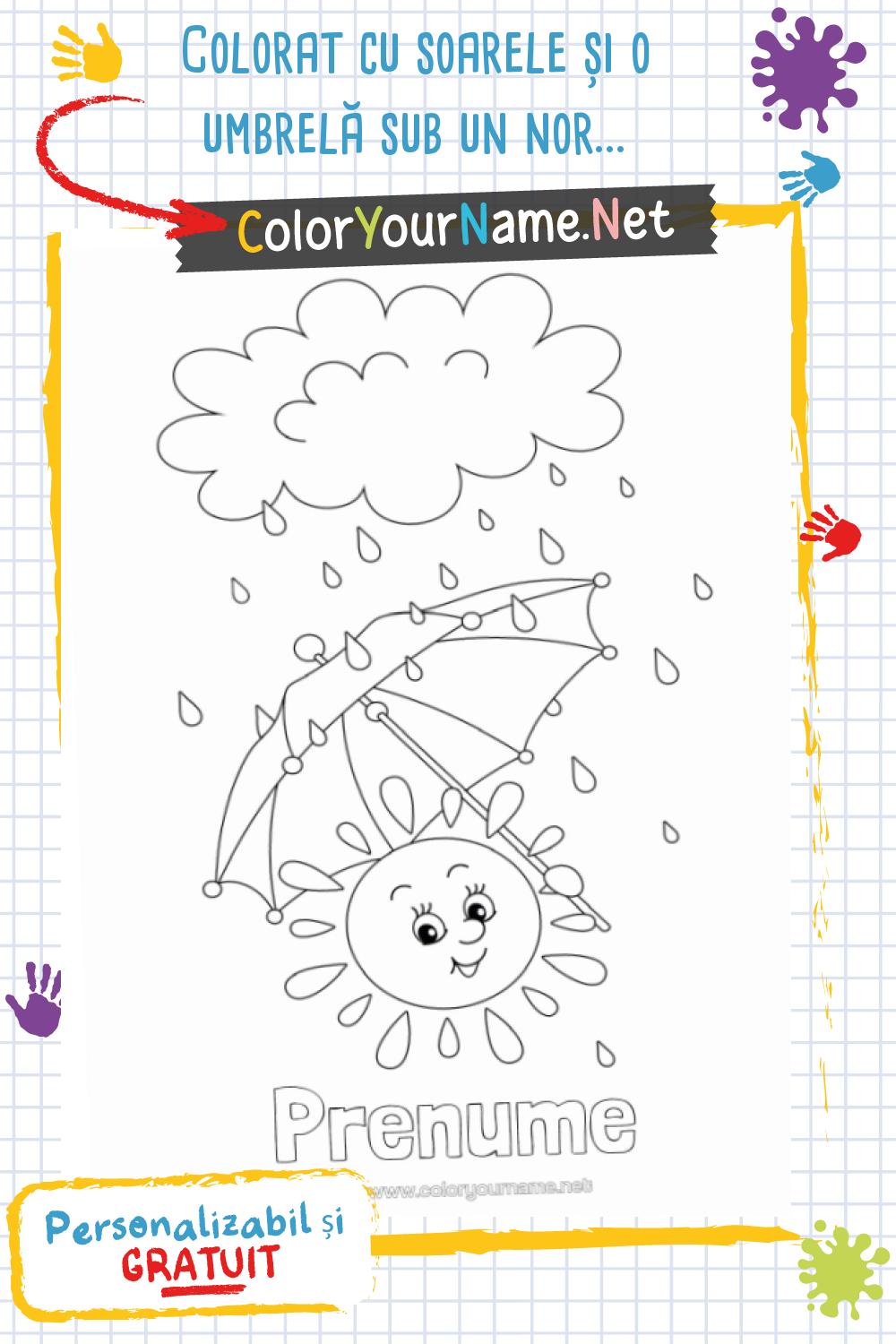 Colorat cu soarele și o umbrelă sub un nor de ploaie.