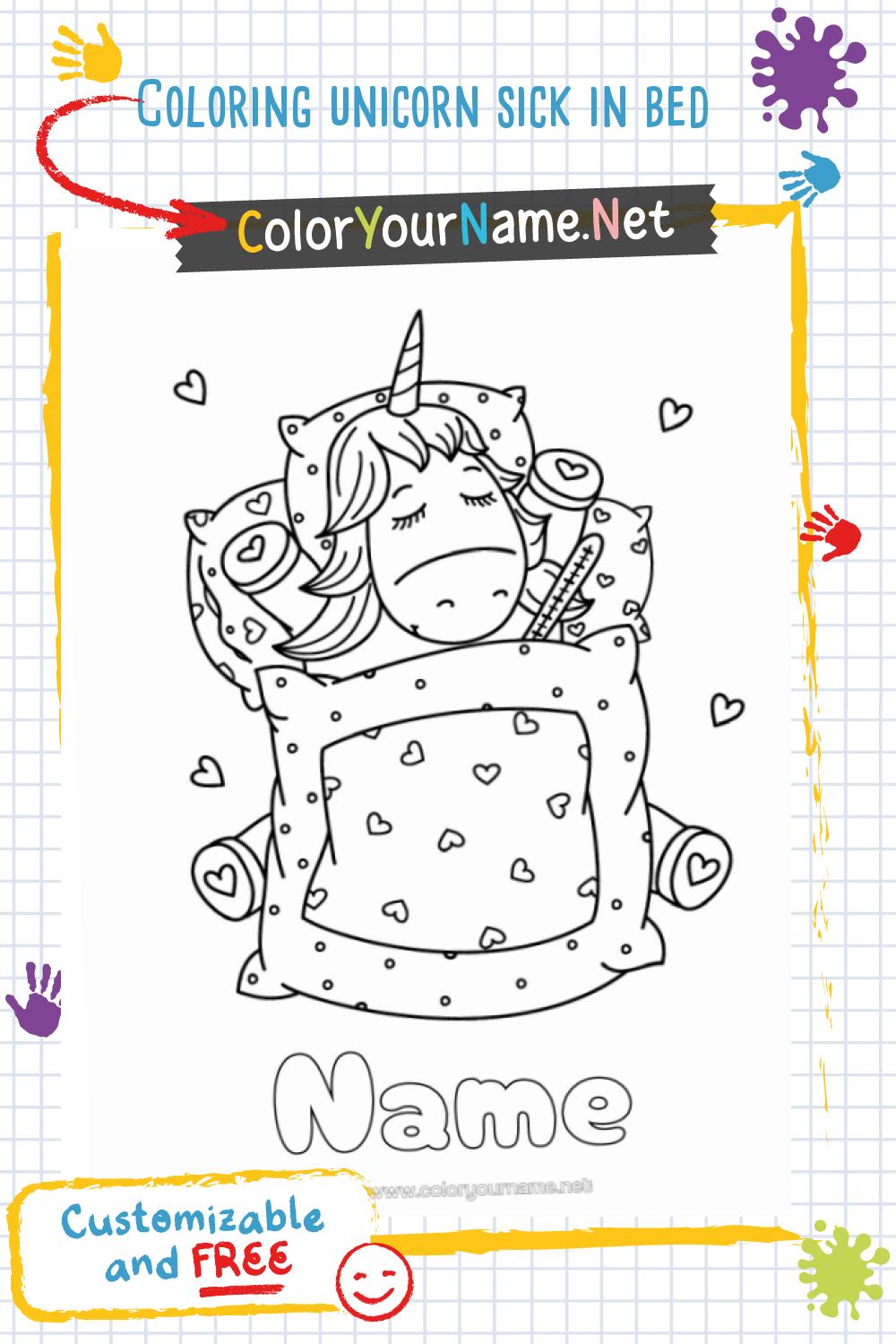 Coloring unicorn sick in bed