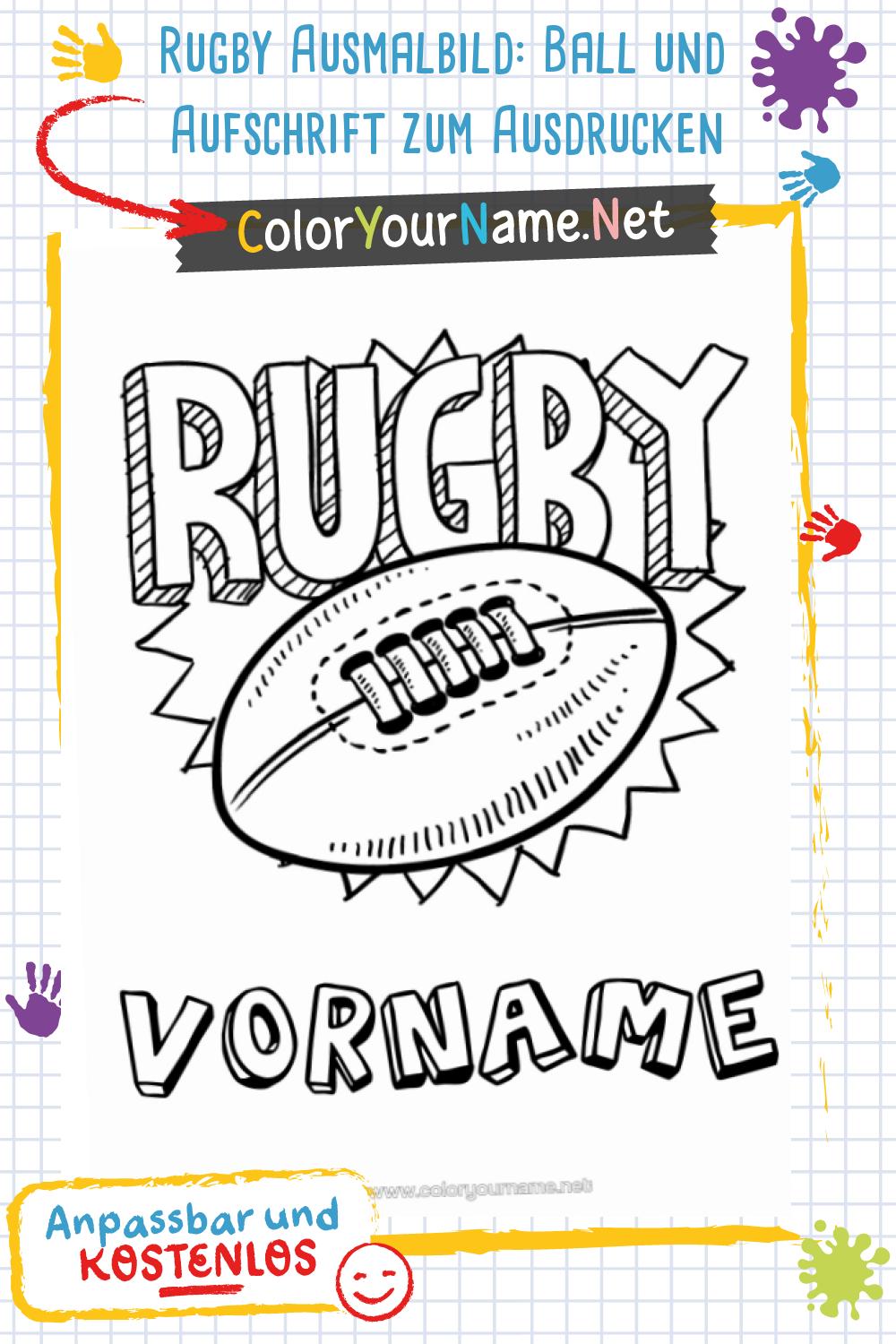 Rugby Ausmalbild: Ball und Aufschrift zum Ausdrucken