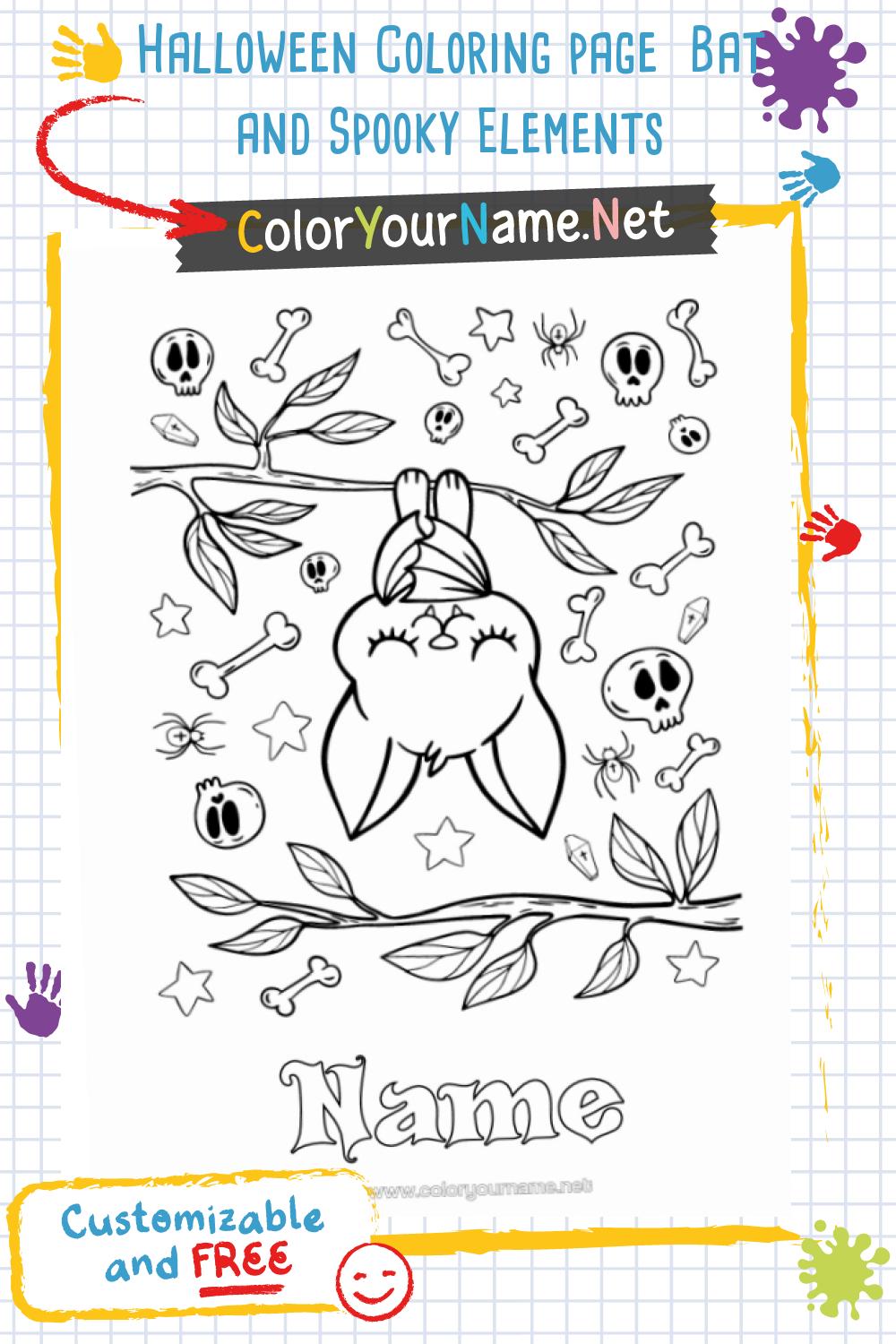 Halloween Coloring page Bat and Spooky Elements