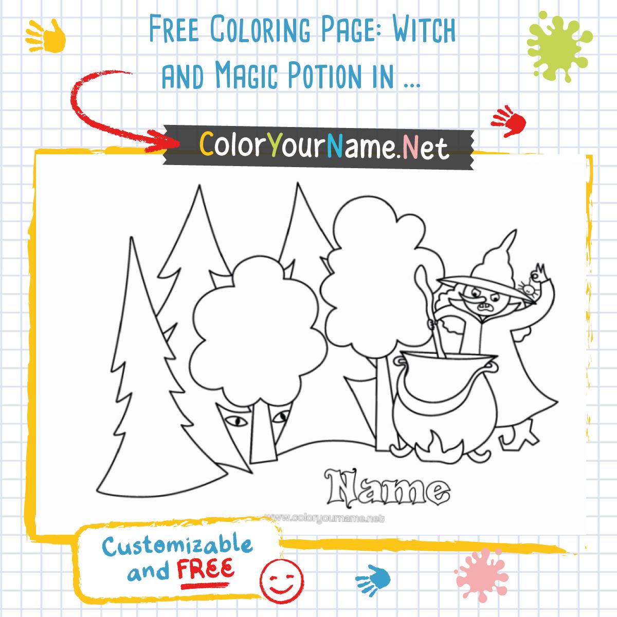 Free Coloring Page: Witch and Magic Potion in the Forest