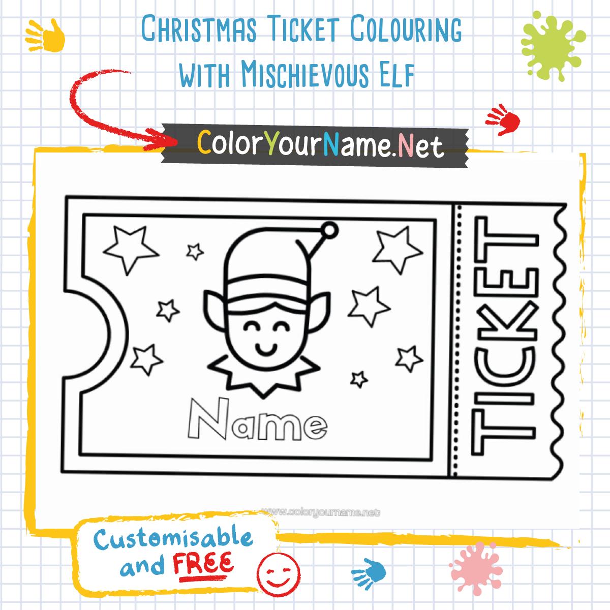 Christmas Ticket Colouring with Mischievous Elf