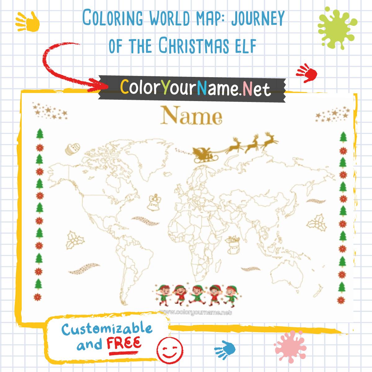 coloring world map: journey of the christmas elf