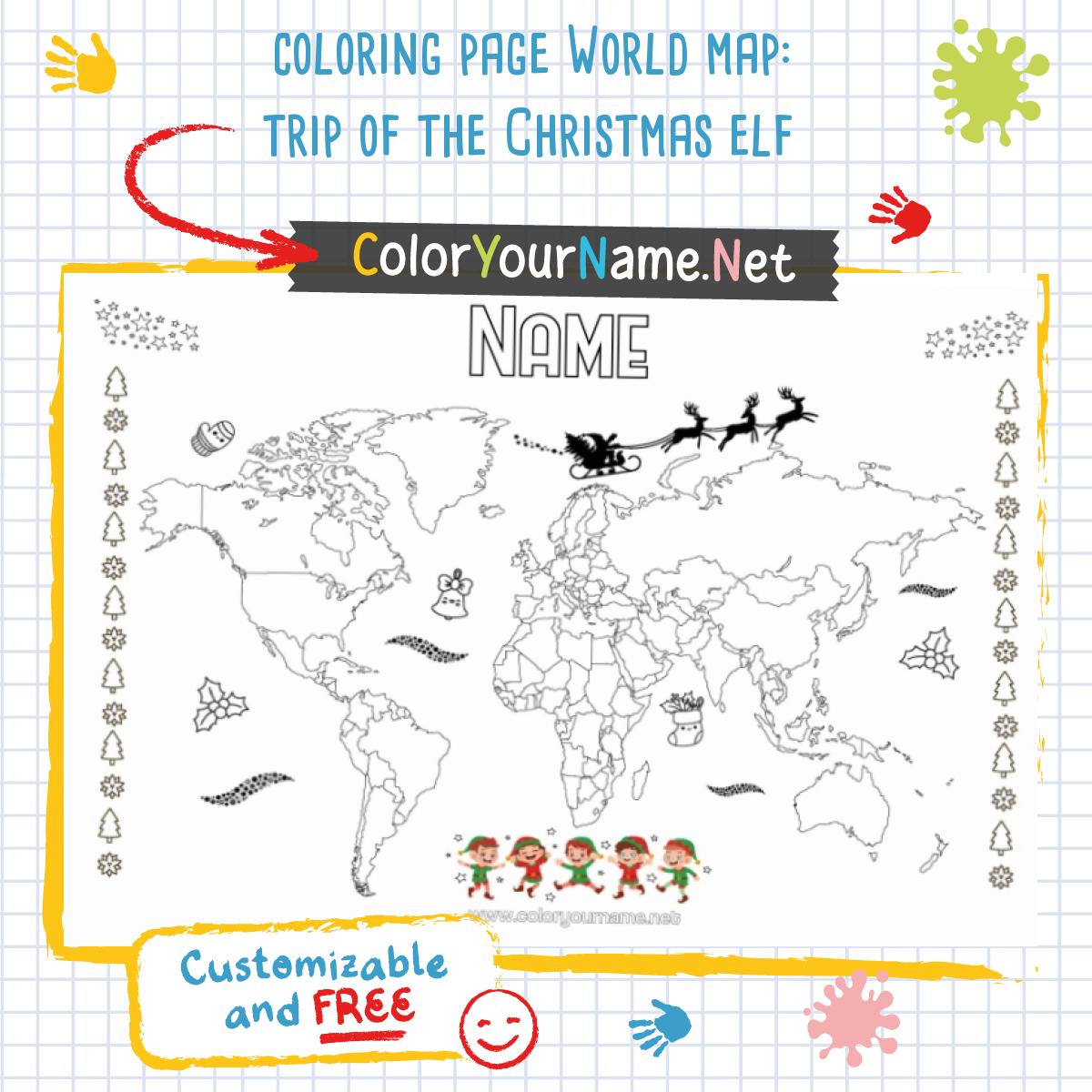 coloring page World map: trip of the Christmas elf