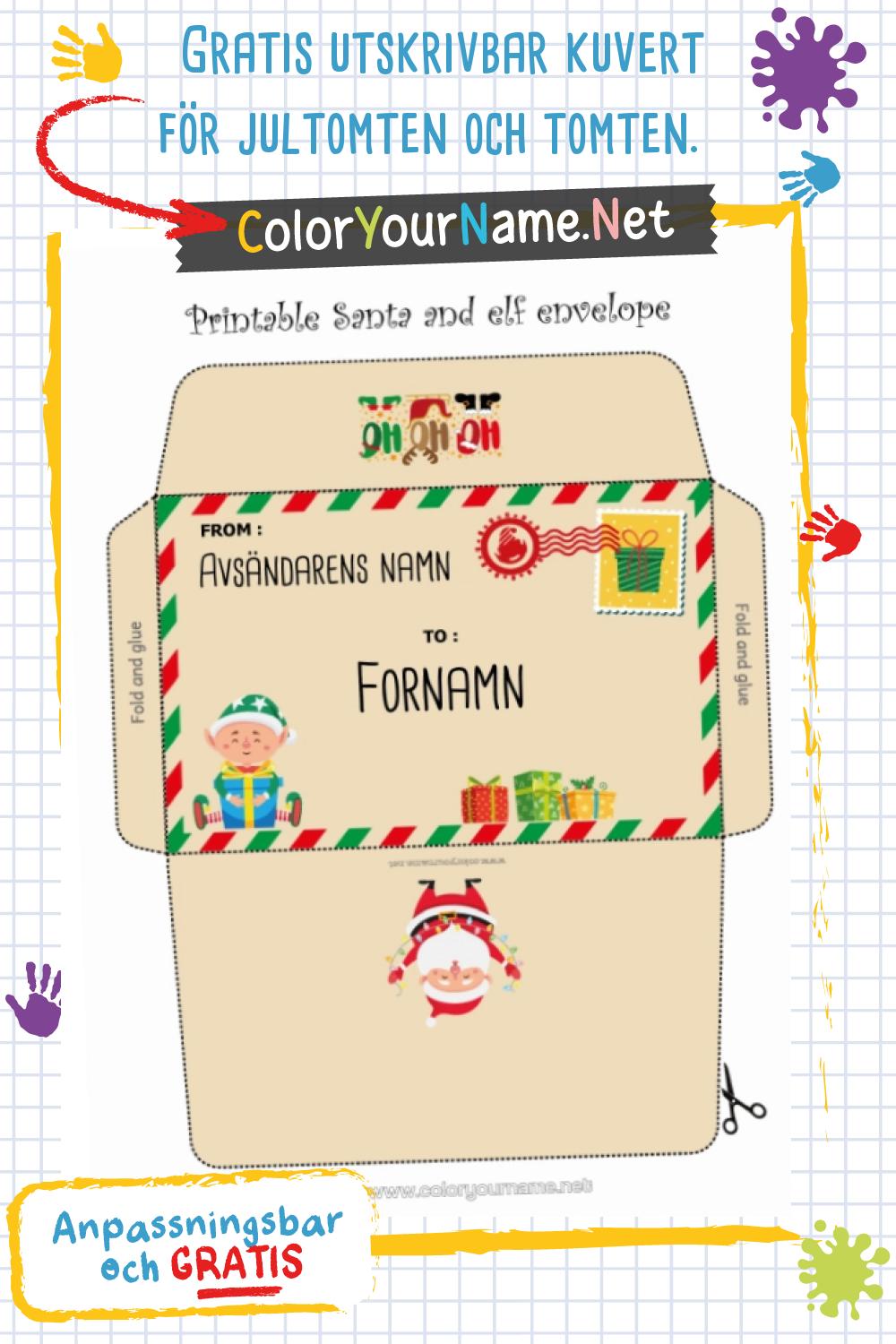 Gratis utskrivbar kuvert för jultomten och tomten.