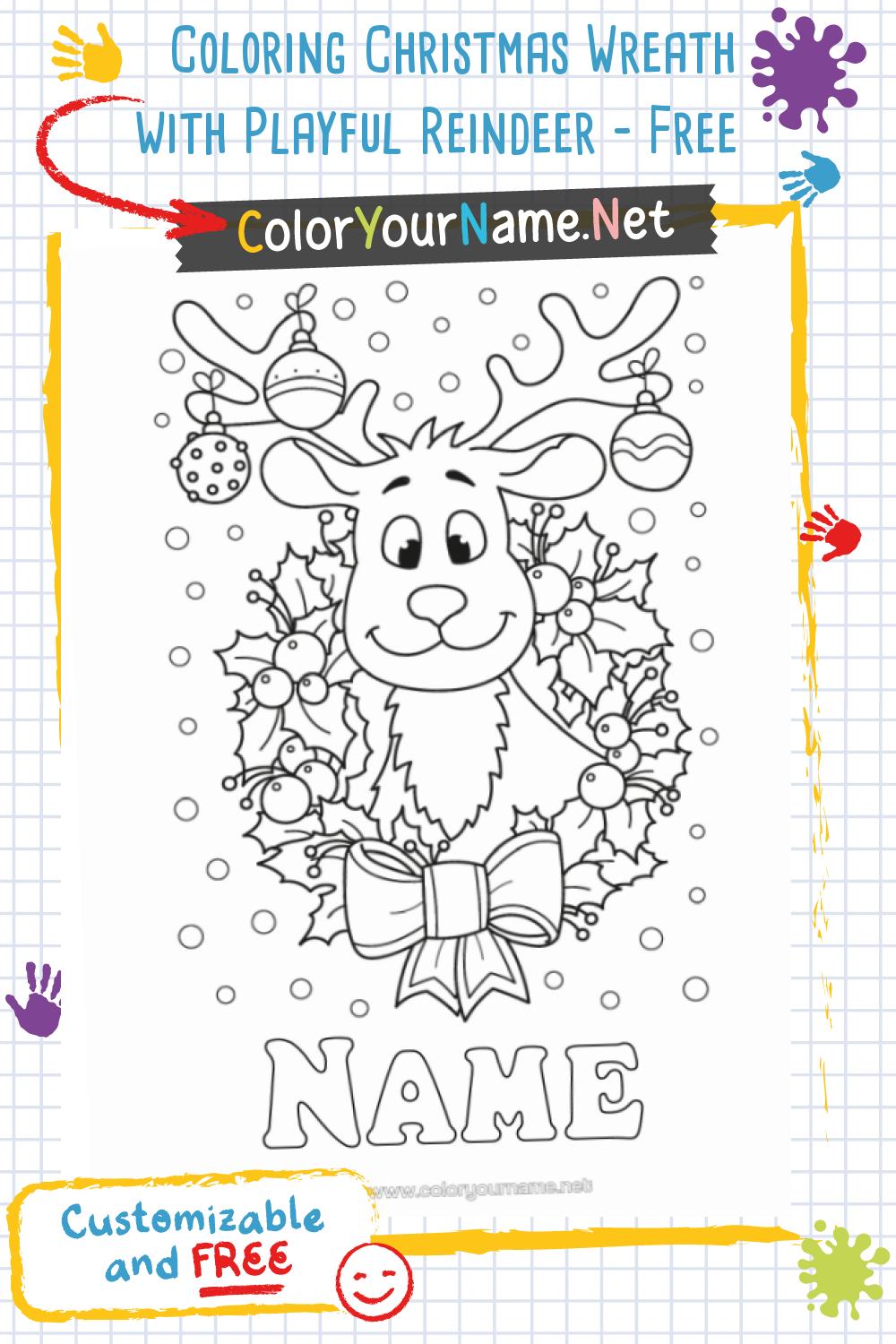 Coloring Christmas Wreath with Playful Reindeer - Free
