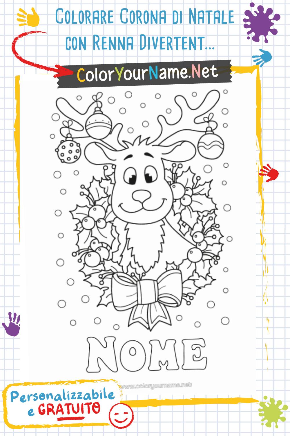 Colorare Corona di Natale con Renna Divertente - Gratis