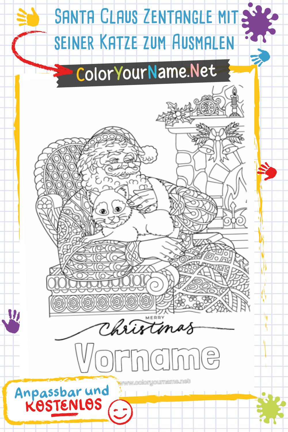 Santa Claus Zentangle mit seiner Katze zum Ausmalen