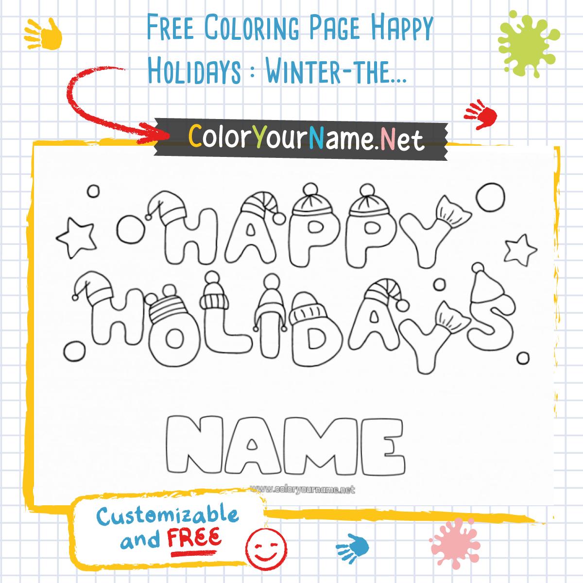 Free Coloring Page Happy Holidays : Winter-themed Decorated Letters