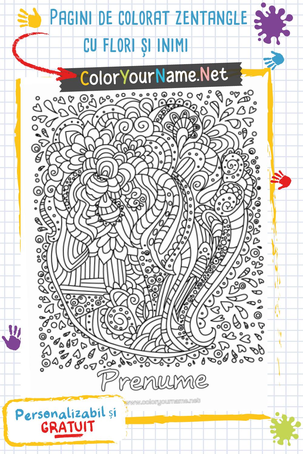 Pagini de colorat zentangle cu flori și inimi