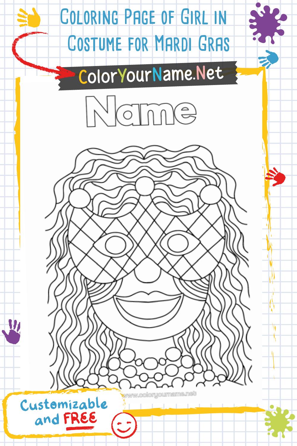Coloring Page of Girl in Costume for Mardi Gras