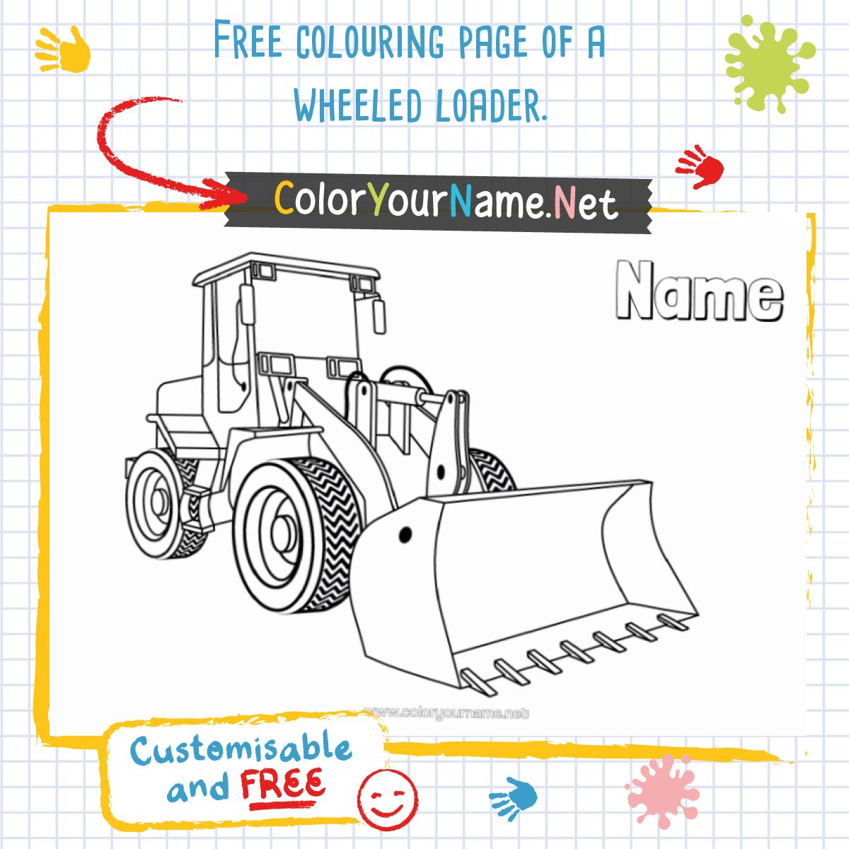 Free colouring page of a wheeled loader.
