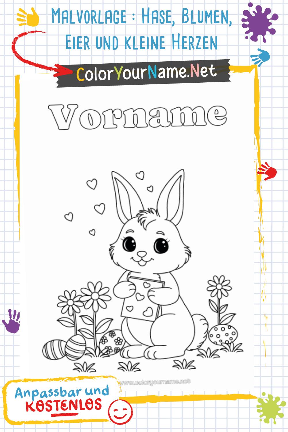 Malvorlage : Hase, Blumen, Eier und kleine Herzen