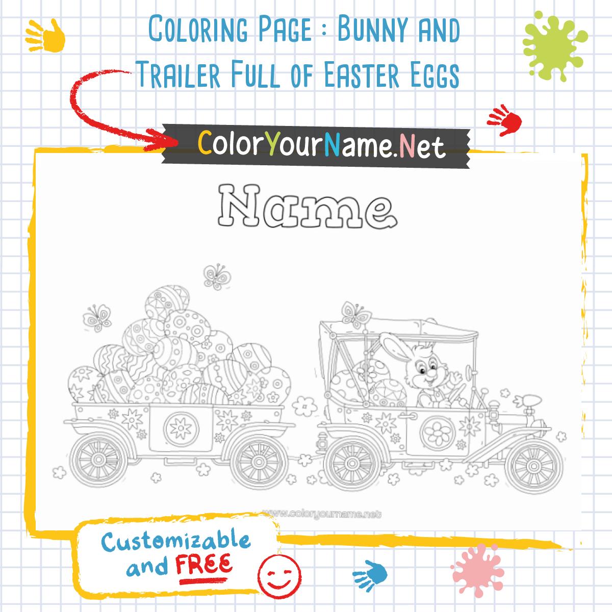 Coloring Page : Bunny and Trailer Full of Easter Eggs