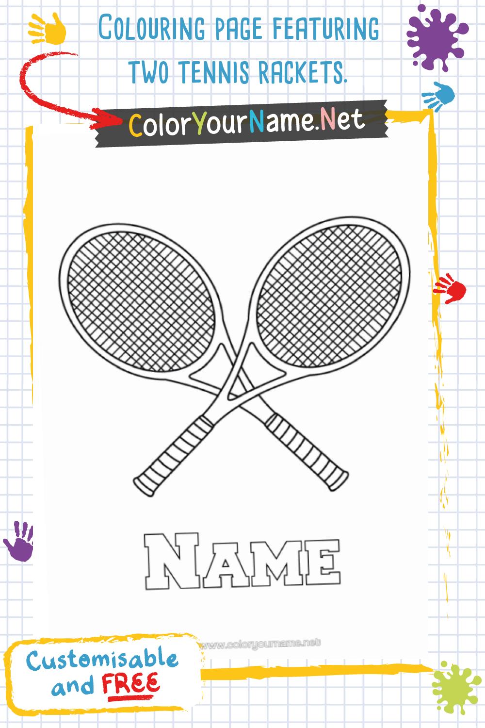 Colouring page featuring two tennis rackets.