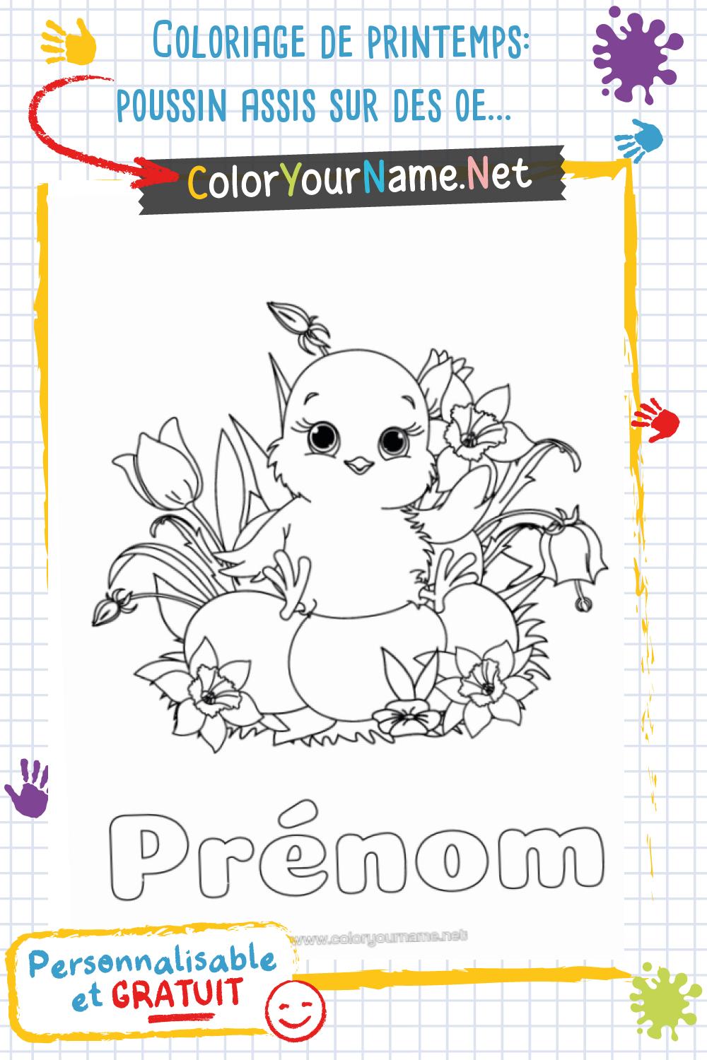 Coloriage de printemps: poussin assis sur des oeufs et entouré de fleurs