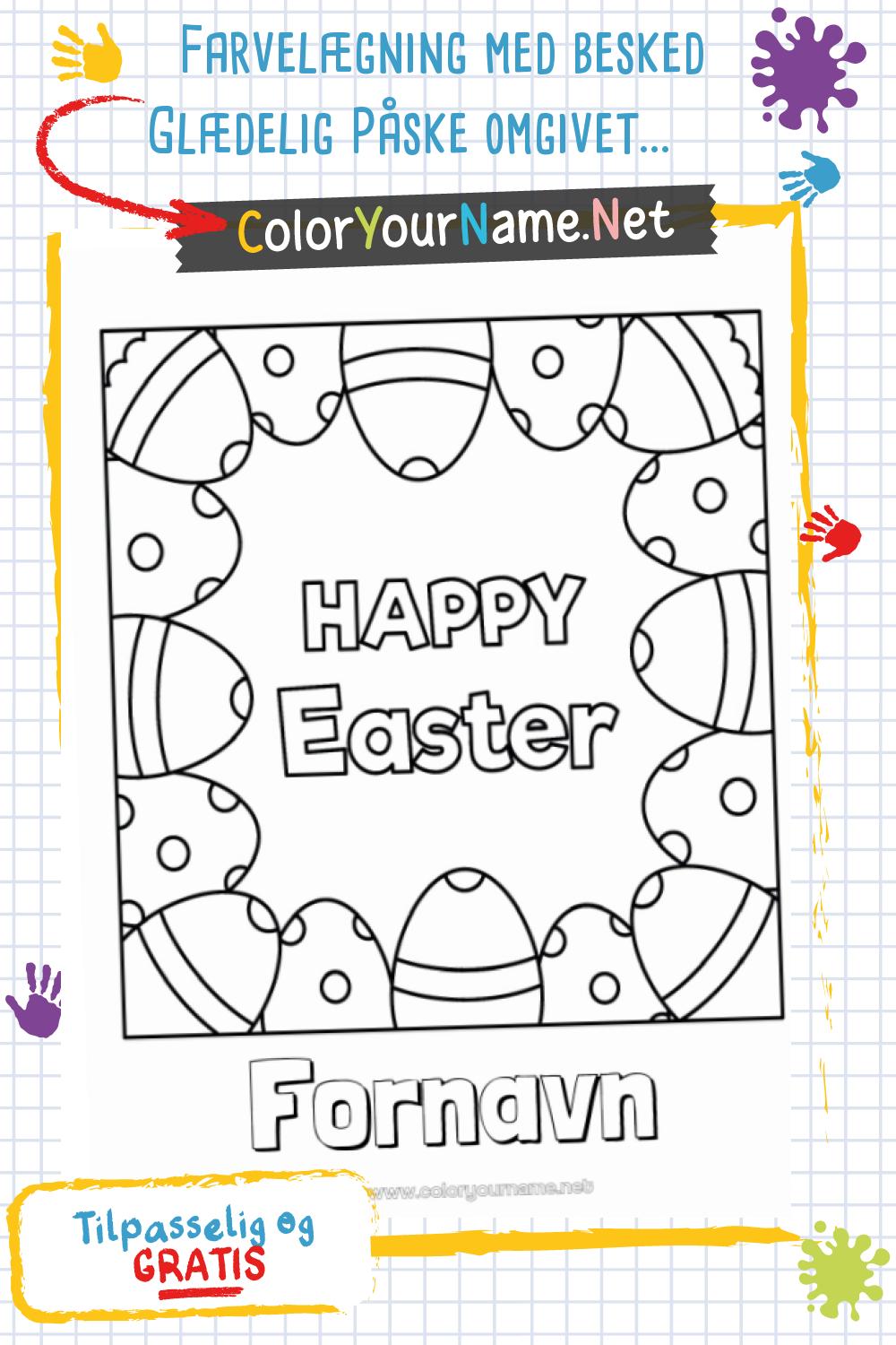 Farvelægning med besked Glædelig Påske omgivet af dekorerede æg