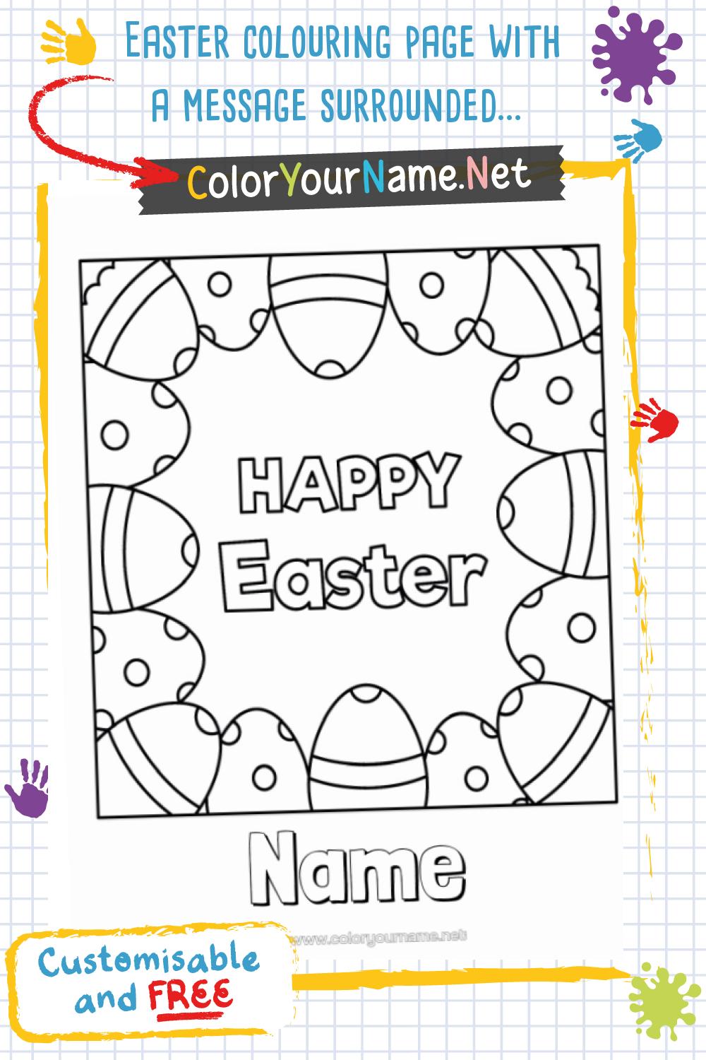 Easter colouring page with a message surrounded by decorated eggs.