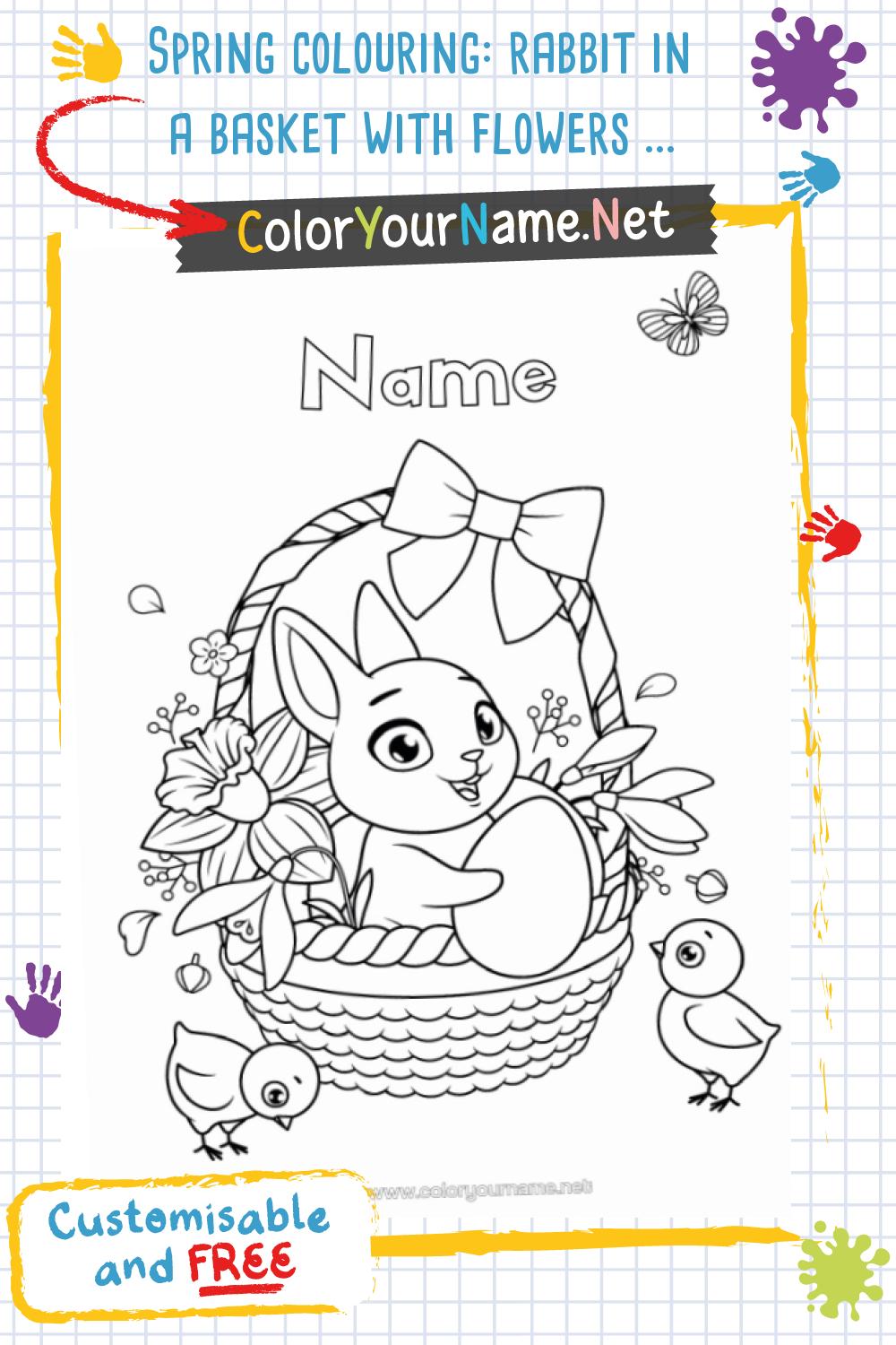 Spring colouring: rabbit in a basket with flowers and chicks