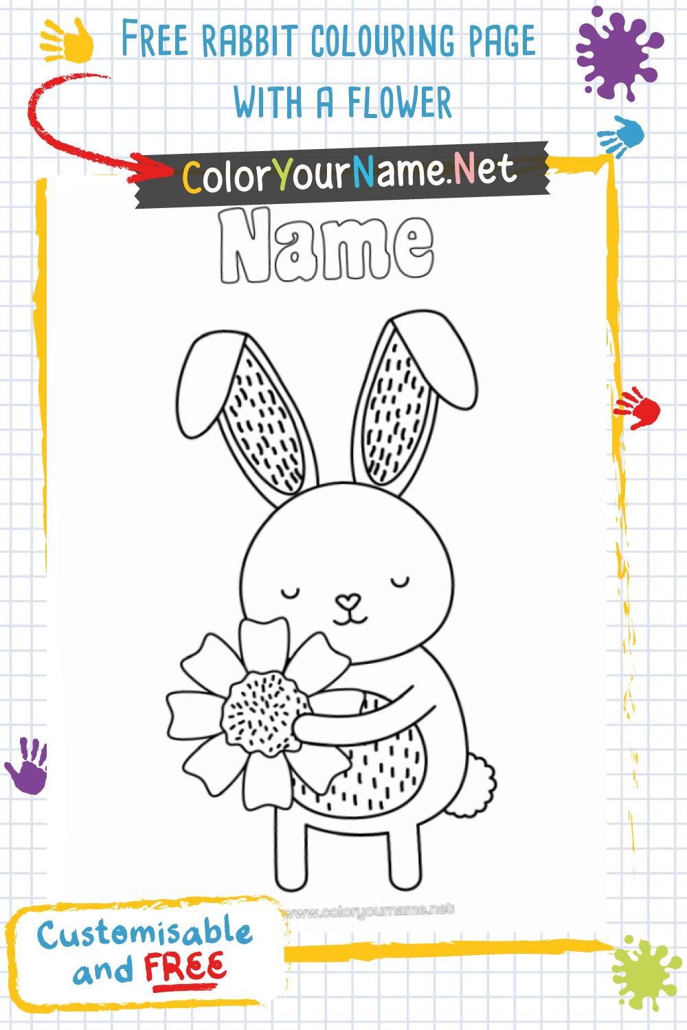 Free rabbit colouring page with a flower