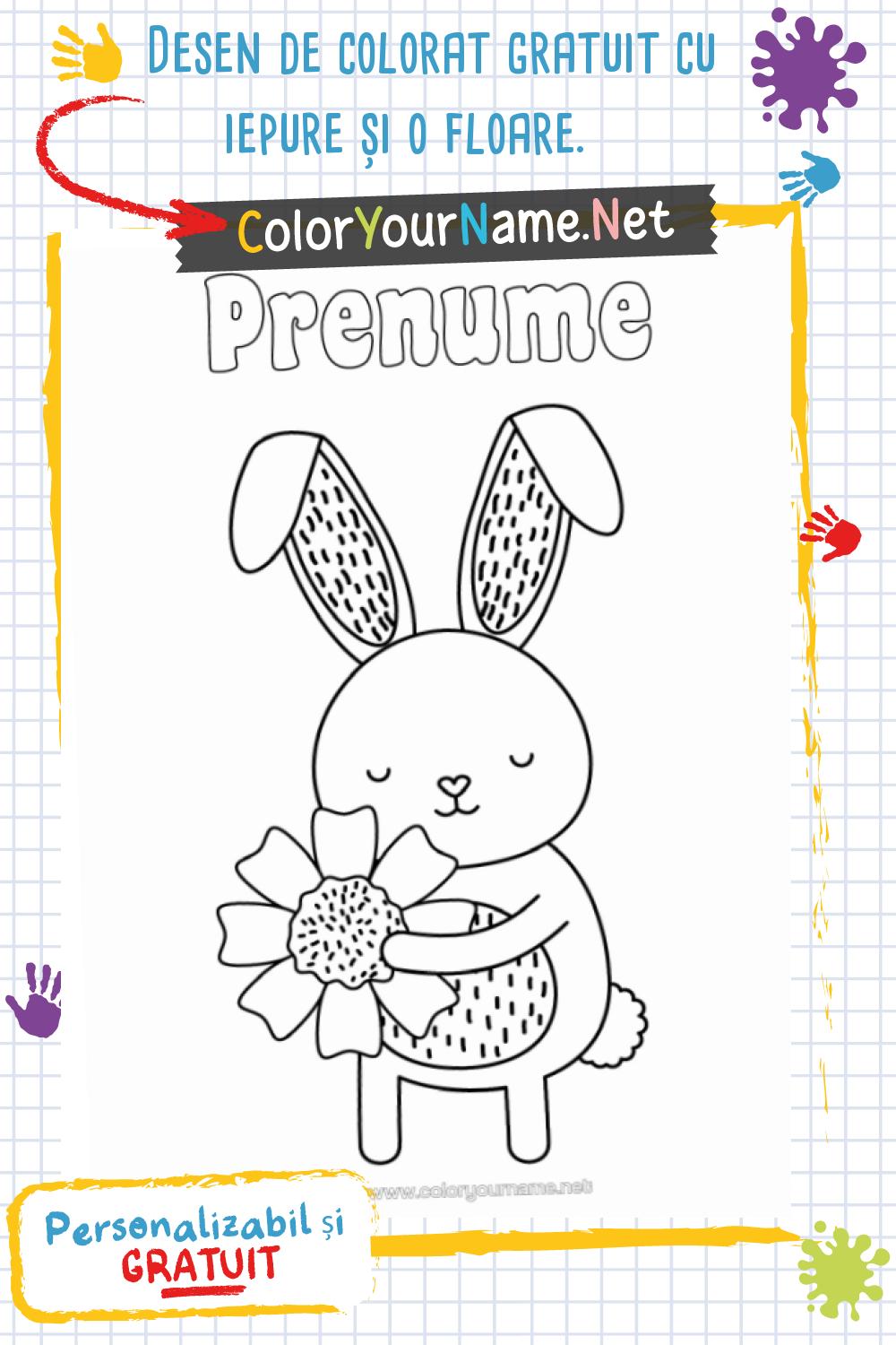 Desen de colorat gratuit cu iepure și o floare.