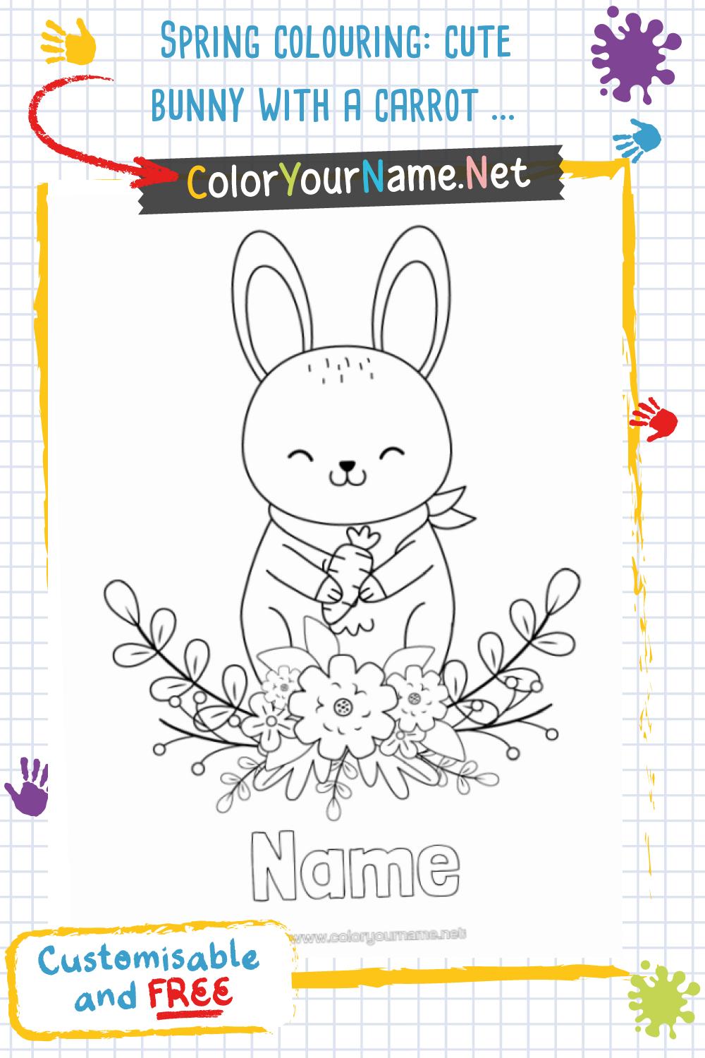 Spring colouring: cute bunny with a carrot and flowers.