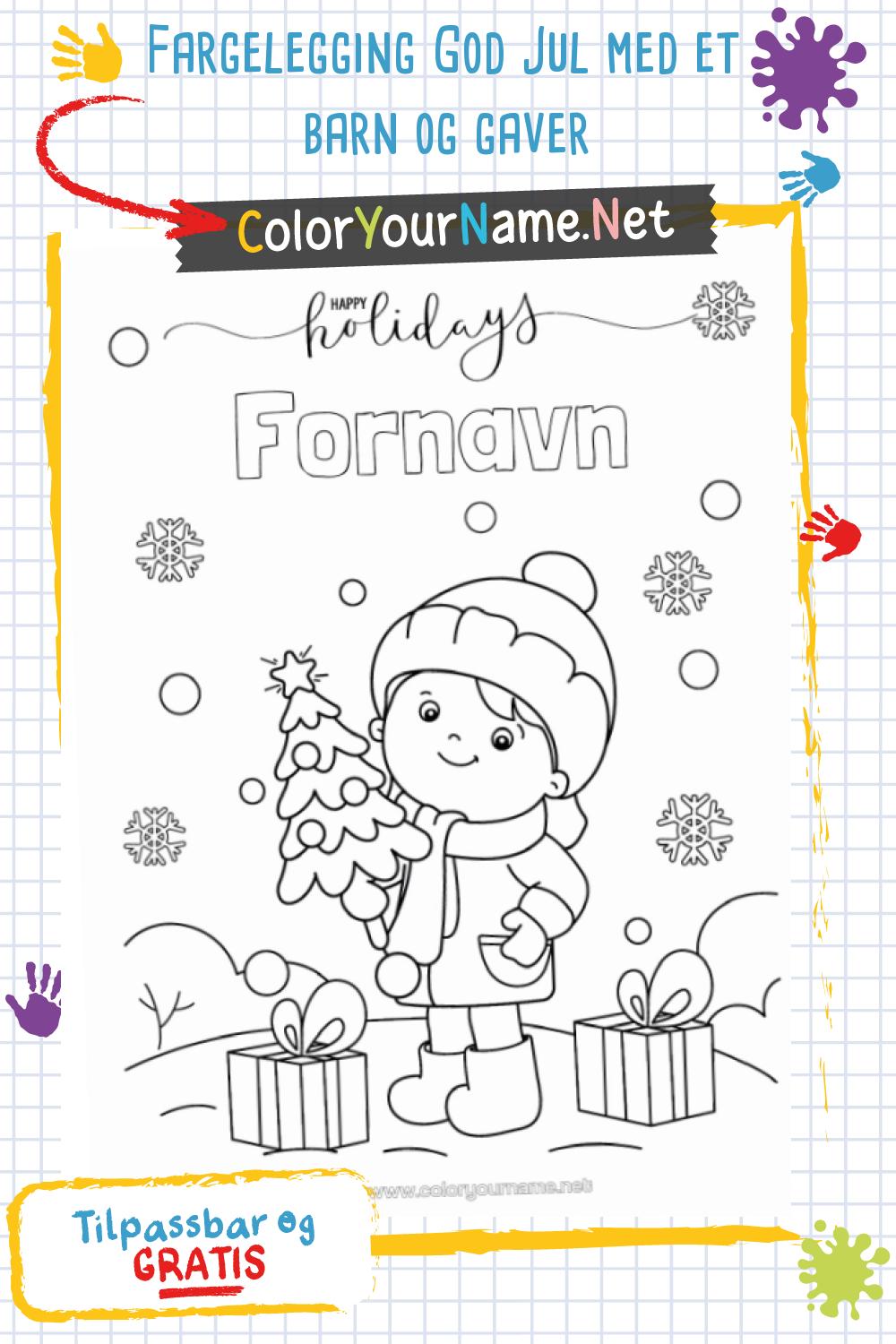 Fargelegging God Jul med et barn og gaver