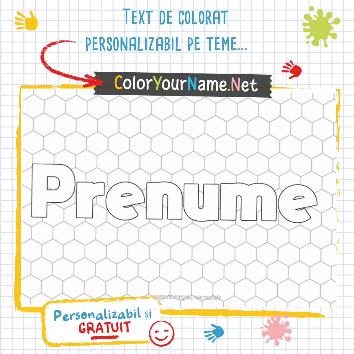 Text de colorat personalizabil pe teme de celule de albine, hexagoane.