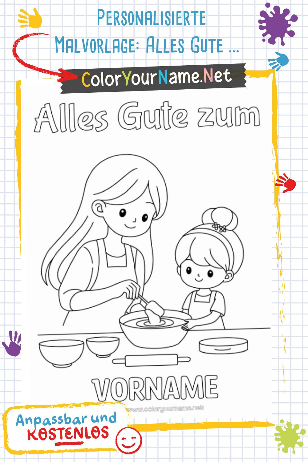 Personalisierte Malvorlage: Alles Gute zum Muttertag und Ich in der Küche