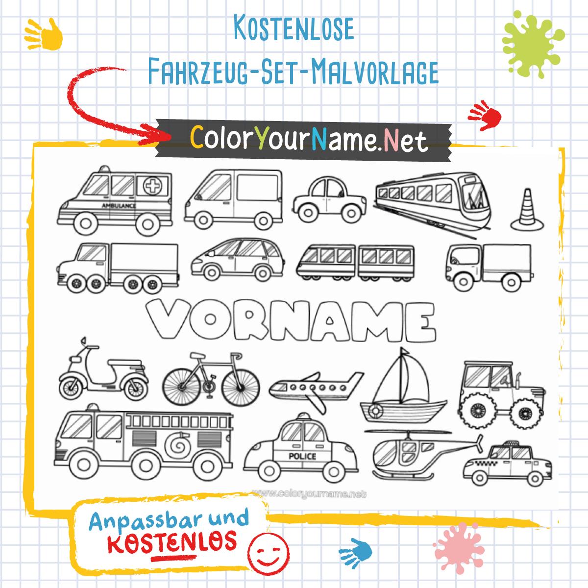 Kostenlose Fahrzeug-Set-Malvorlage