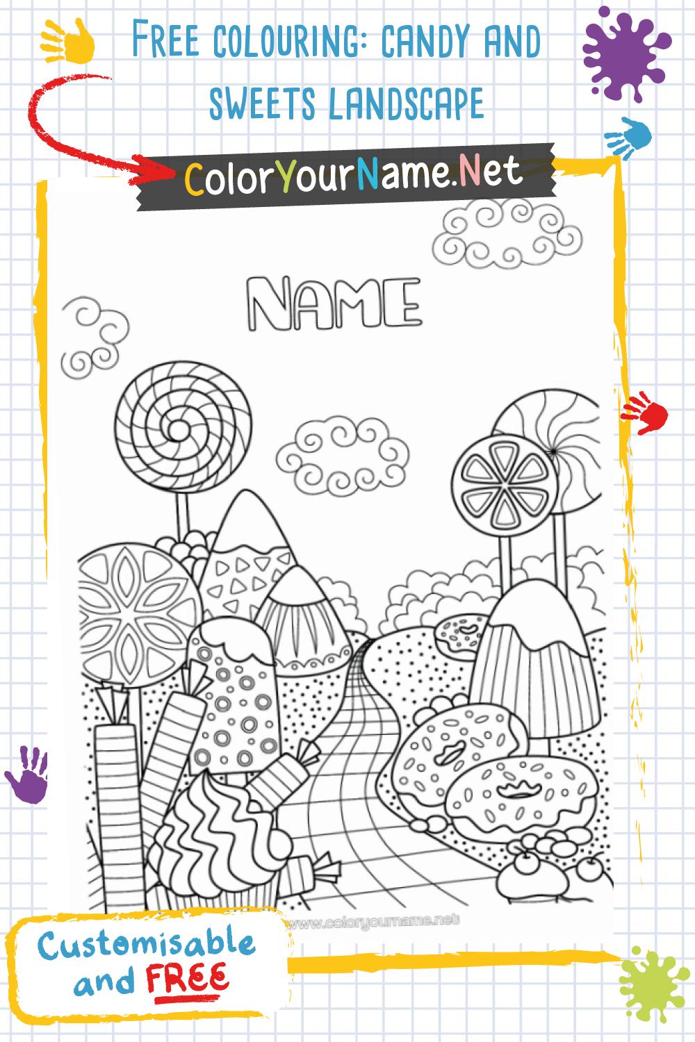Free colouring: candy and sweets landscape