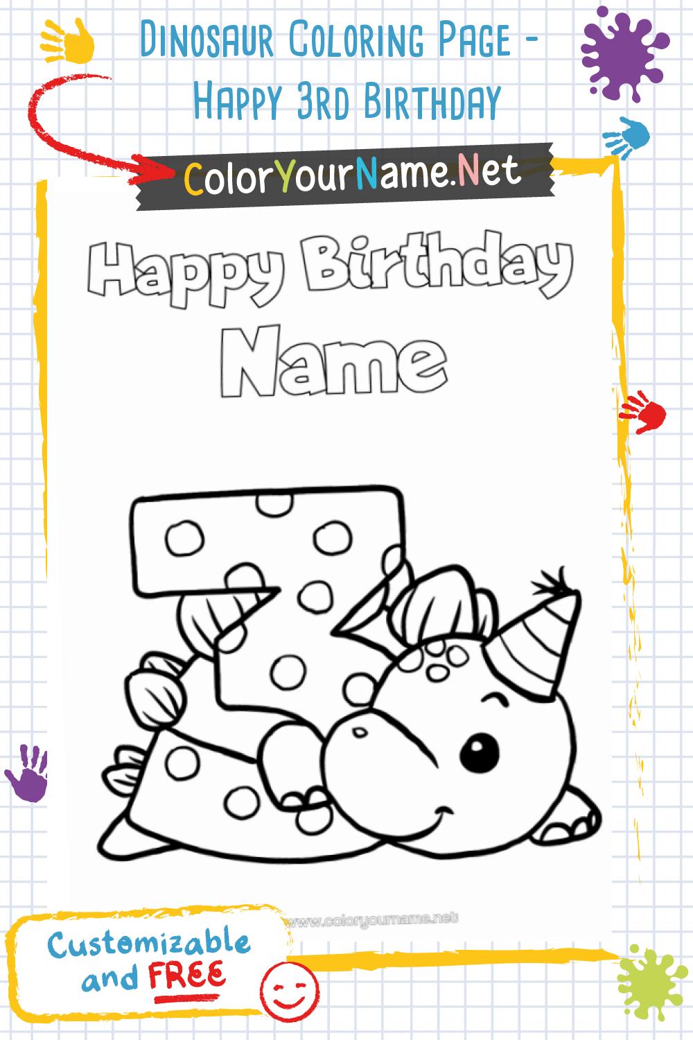 Dinosaur Coloring Page - Happy 3rd Birthday
