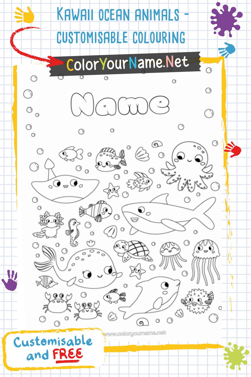 Kawaii ocean animals - customisable colouring
