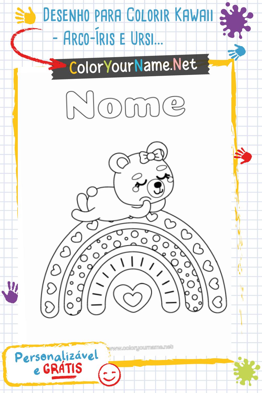 Desenho para Colorir Kawaii – Arco-Íris e Ursinho para Personalizar e ...