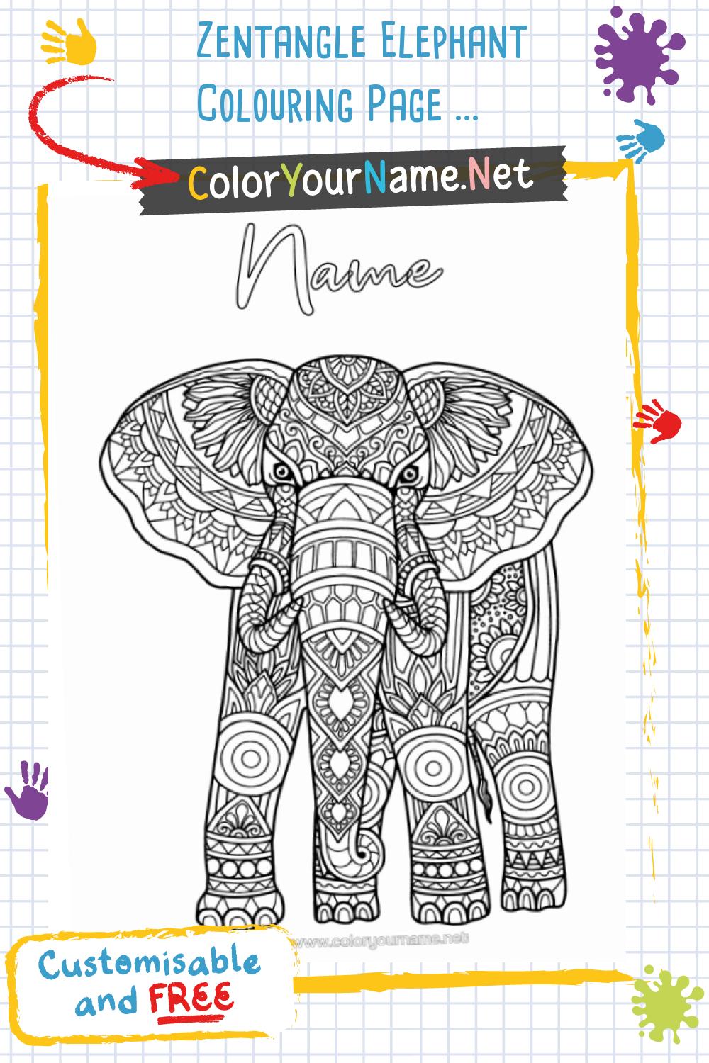 Zentangle Elephant Colouring Page – Customisable and Free