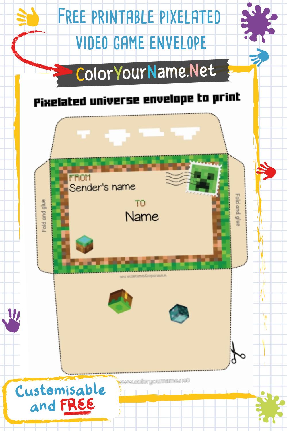 Free printable pixelated video game envelope