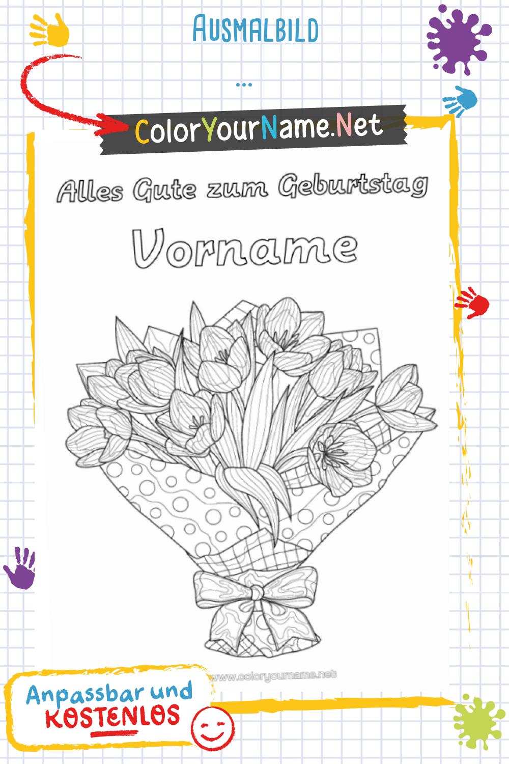 Ausmalbild Geburtstags-Tulpenstrauß – Personalisierbar