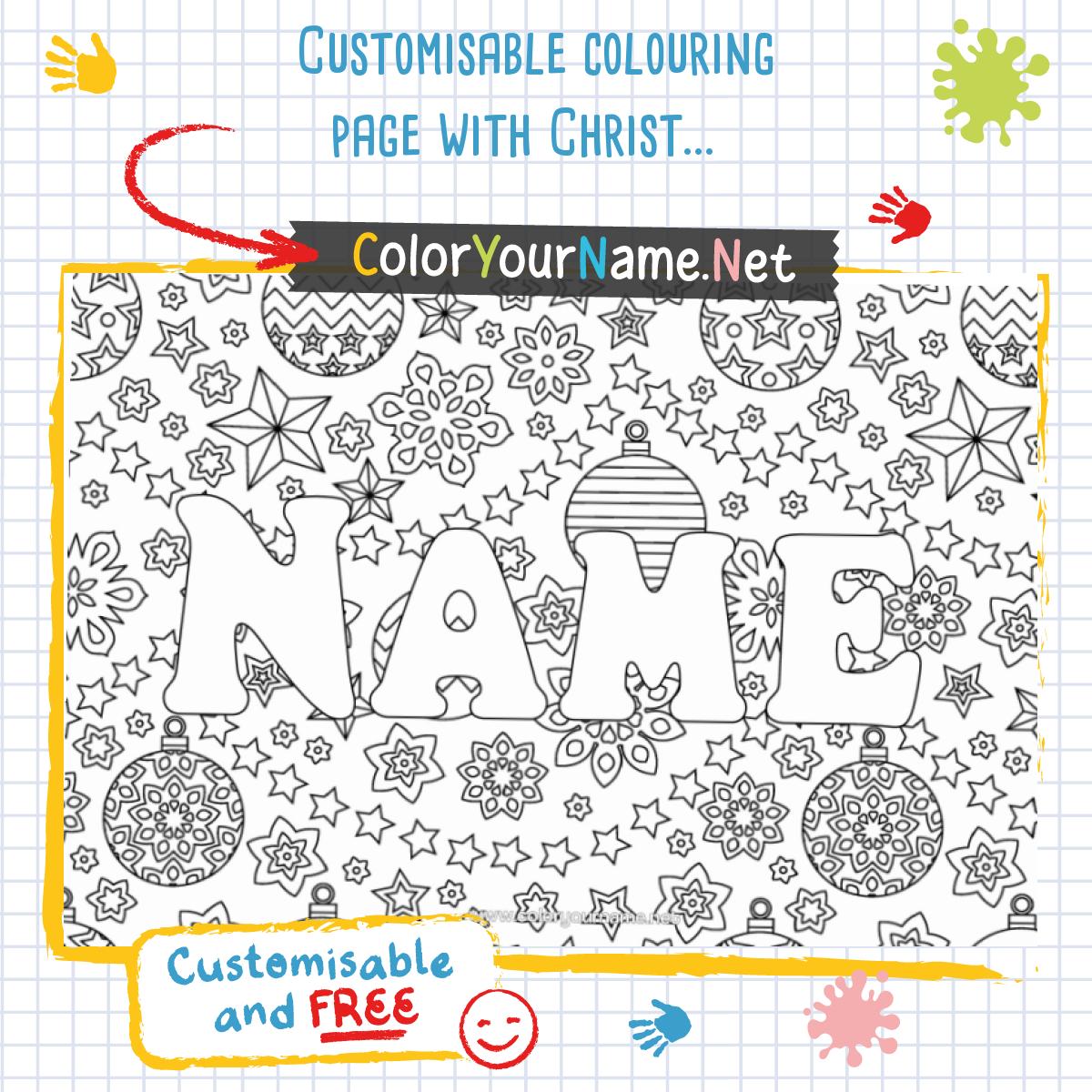 Customisable colouring page with Christmas decorations background.