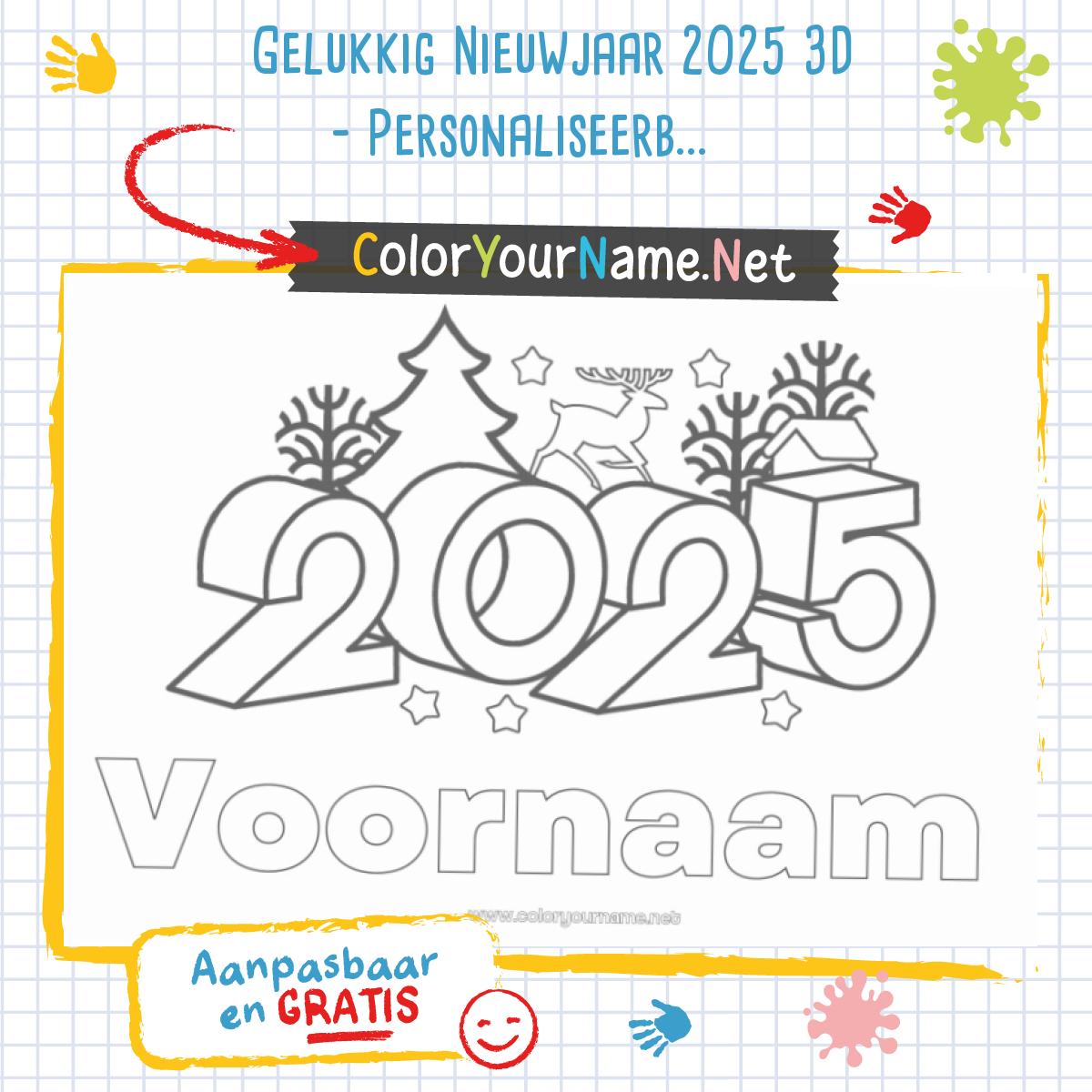 Gelukkig Nieuwjaar 2025 3D Personaliseerbare Kleurplaat om Cadeau te Geven