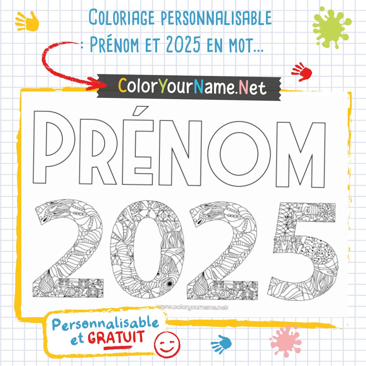 Coloriage personnalisable Prénom et 2025 en motifs zentangle