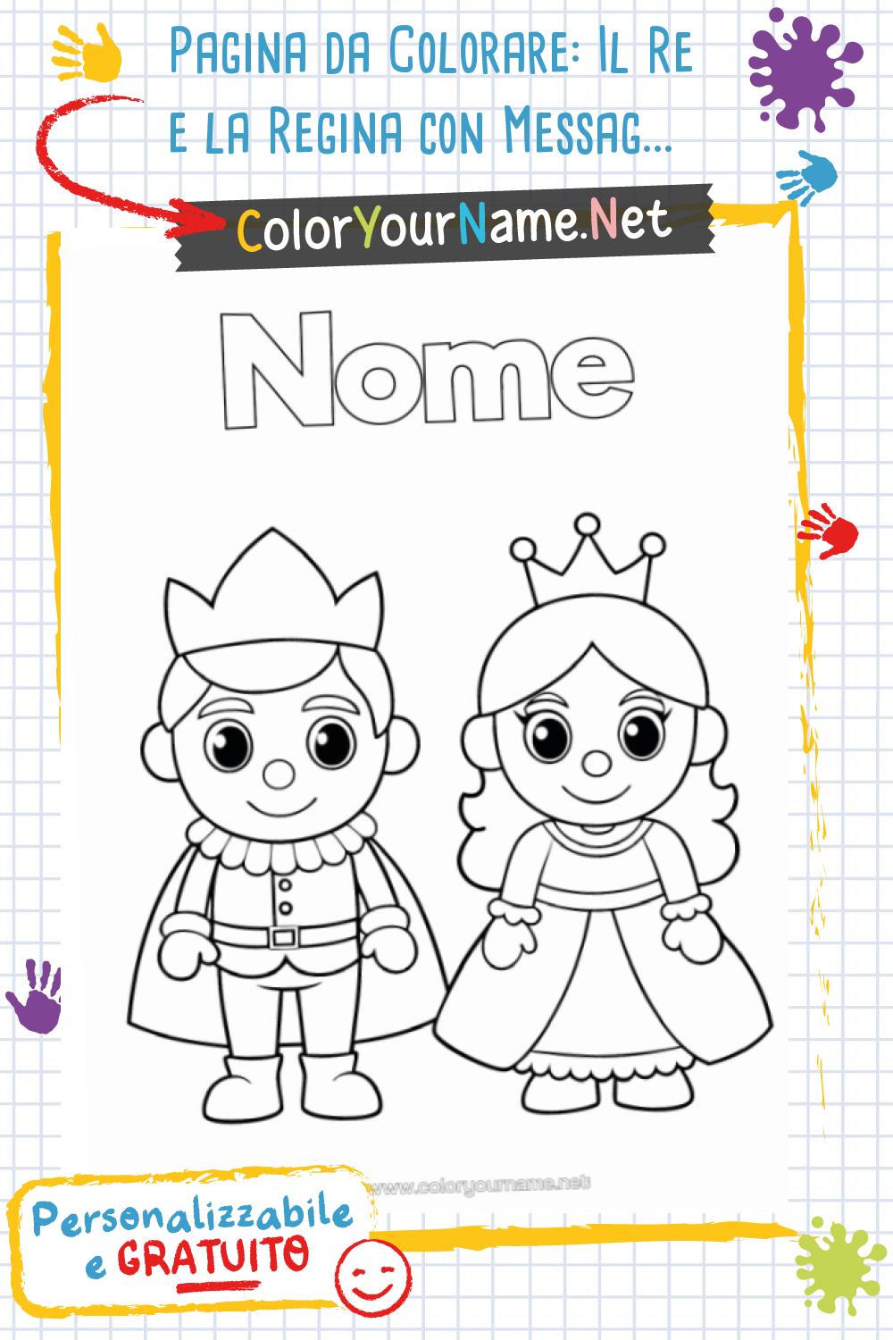 Pagina da Colorare: Il Re e la Regina con Messaggio Personalizzabile