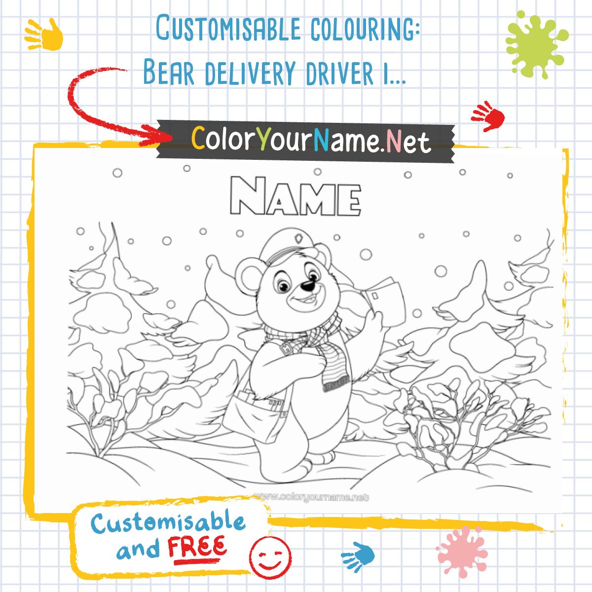 Customisable colouring: Bear delivery driver in a snowy landscape