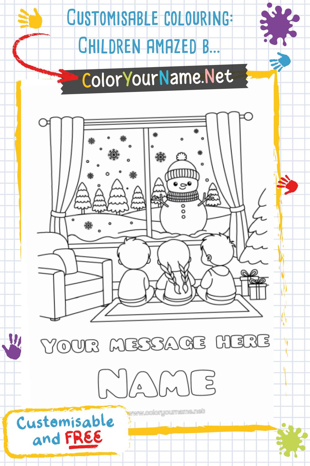 Customisable colouring: Children amazed by a snowman.